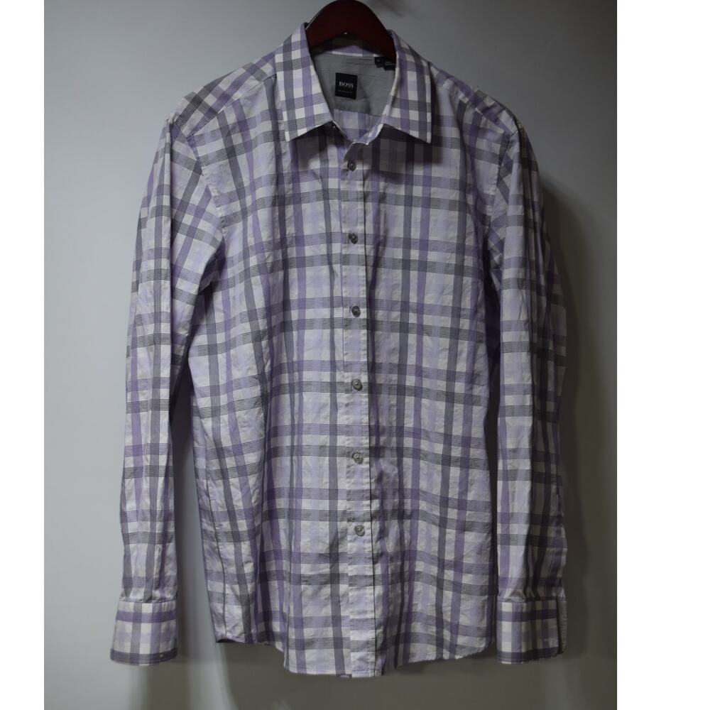 Hugo Boss Purple Gray Plaid Button Up Shirt Mens XL Regular Fit